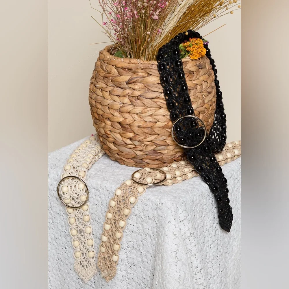 New! Belt13 Cream Leatherette belt with beads - Picture 4 of 11